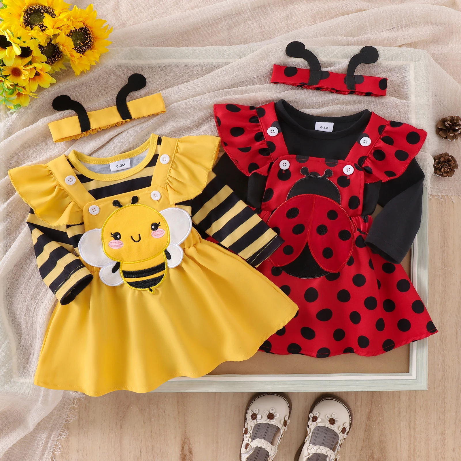 Baby Girls Autumn Skirt Sets Flying Sleeve Romper Bee/Beetle Embroidery Suspender Dress Headband Sets