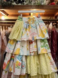 Women's Vintage Ruffles Cake Skirts, Japanese Lolita, Cartoon Print, Elastic Waist, Cotton Linen, Long Pleated Skirts, Sweet