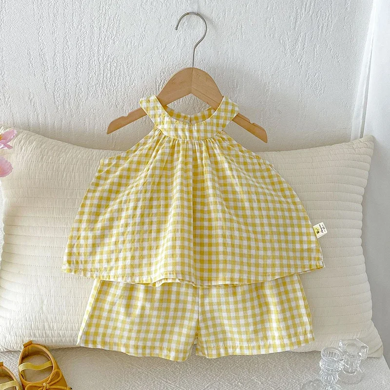 2026 New Summer Infant Baby Girl Clothes Suit Sleeveless Cotton Grid Vest+Shorts 0-4Yrs Children Clothes Set