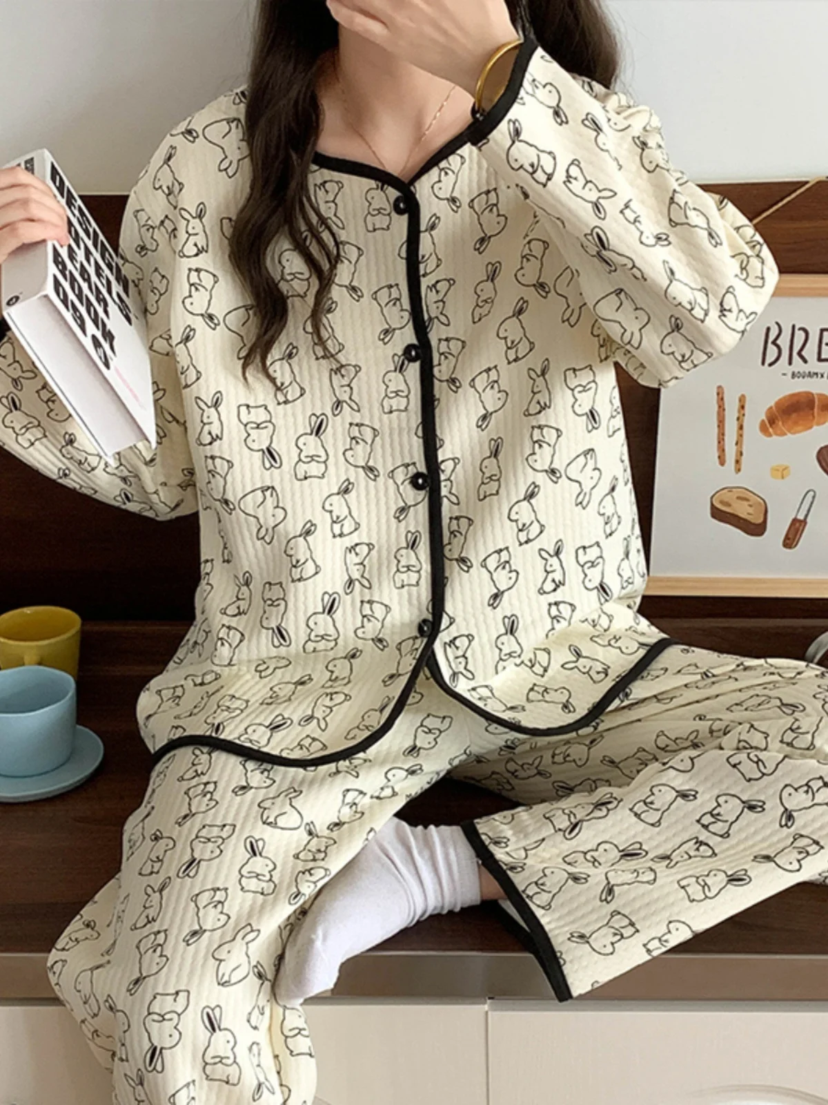 

Autumn Winter Air Layer Cotton Sleepwear Women's Open Cardigan Long Sleeve Long Pants Cartoon Sketch Rabbit Cute Home Clothes...