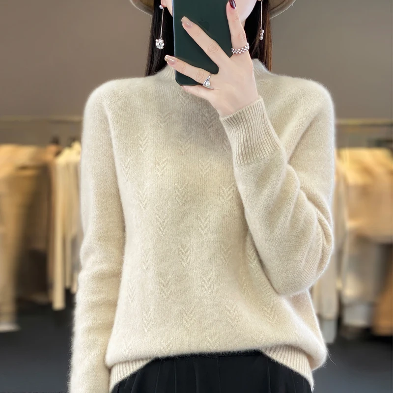 Mock Neck Winter Sweater Women Elegant Fashion Pure Wool Warm Sueter Knit Pullover Loose Tops Casual Jersey Knitwear Jumper New