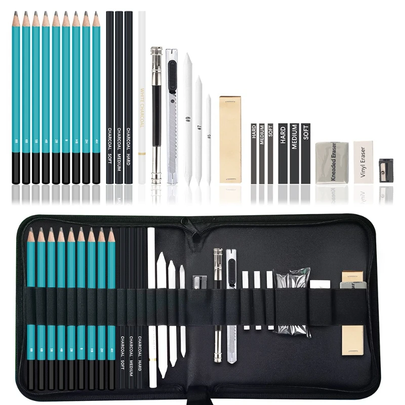 28pcs Sketch Pencil Set Eraser Paper Rub Pen Charcoal Pen for Sketching Drawing Design Suitable Beginner Artists