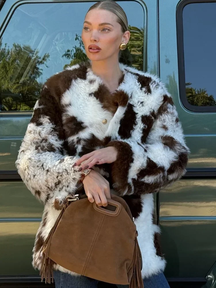 سترات قصيرة من الفرو الصناعي بطبعة الفهد معطف نسائي فاخر بأكمام كاملة وصدر واحد أنيق للسيدات ملابس خارجية شتوية دافئة