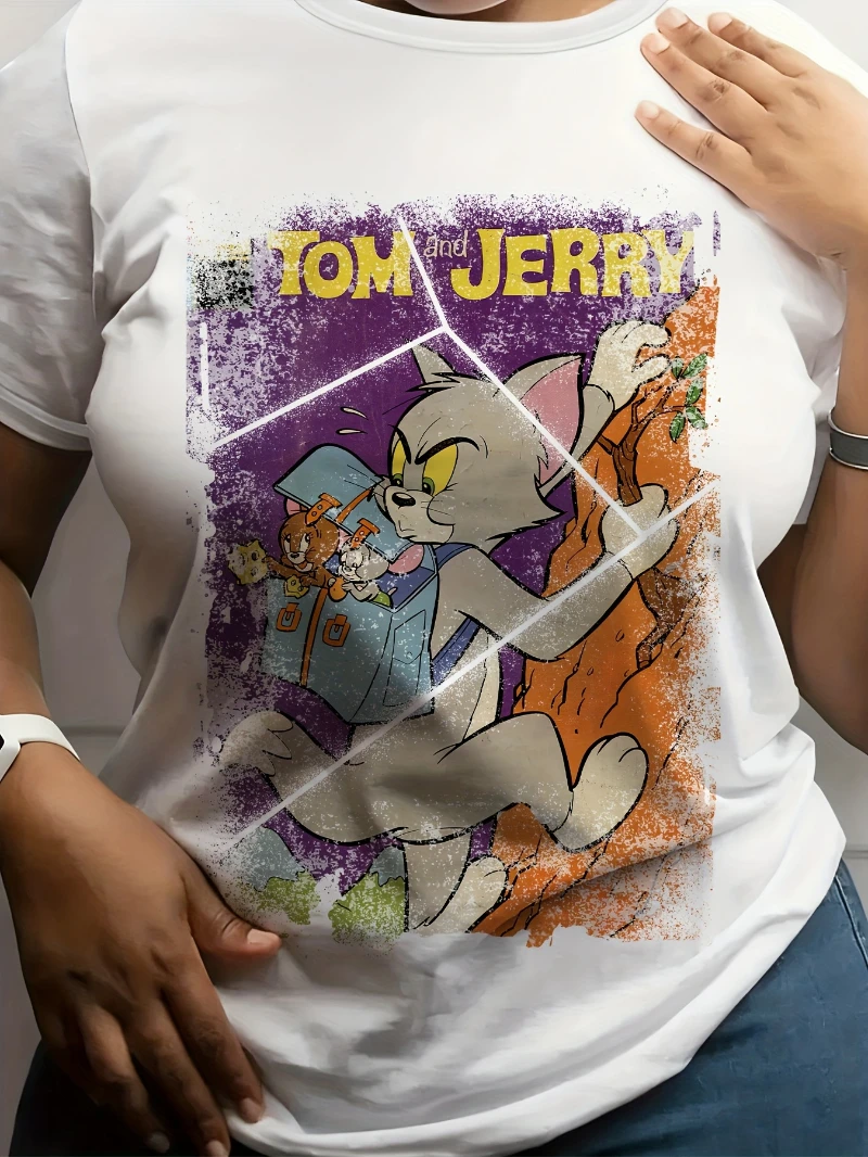 تي شيرت نسائي صيفي كبير الحجم من Tom & Jerry لعام 2025 برسومات كرتونية فاخرة راقية لكل من الرجال والنساء
