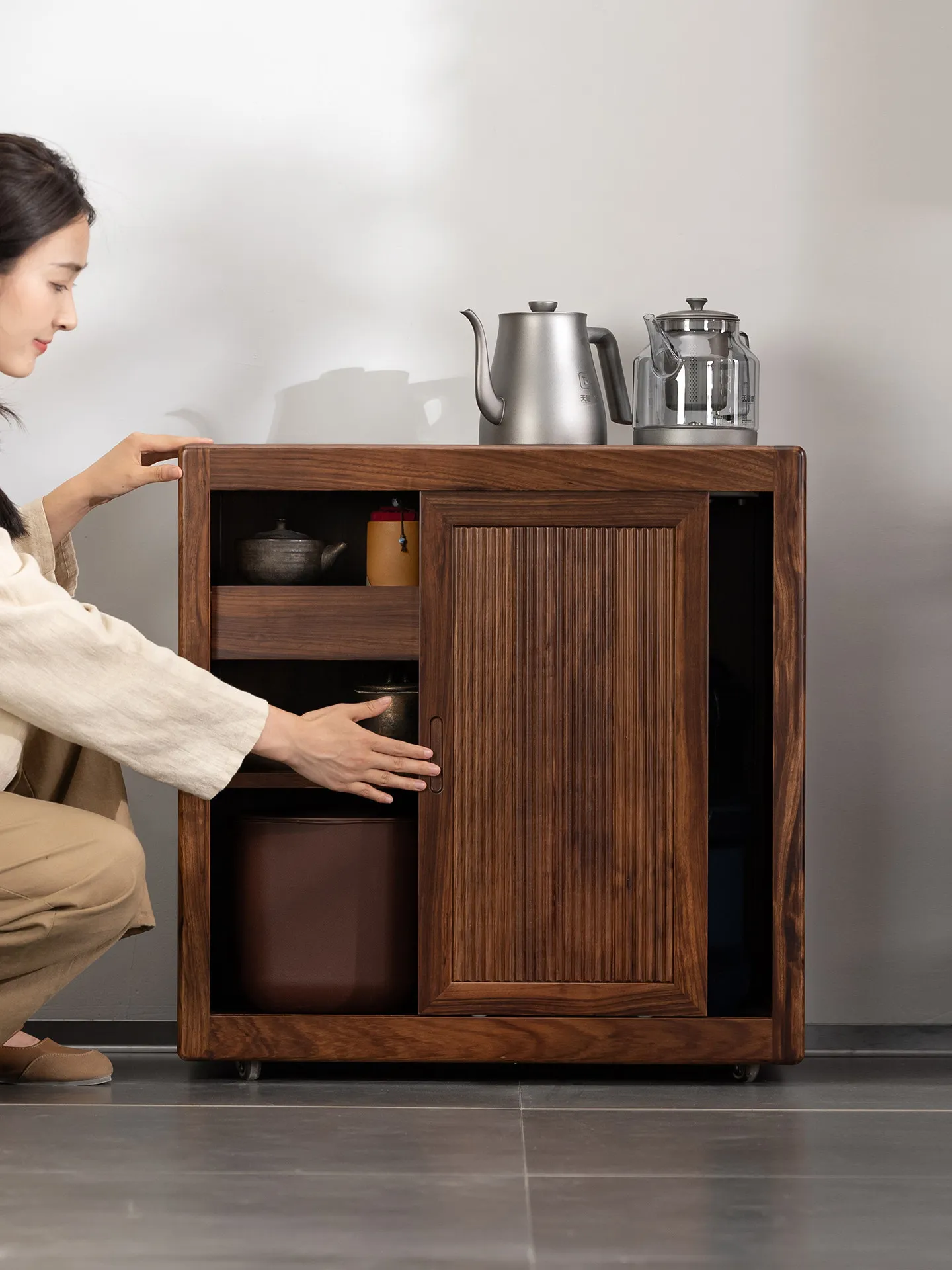 Ebony tea cabinet kettle integrated side table mobile tea side cabinet small household   multi-functional tea table