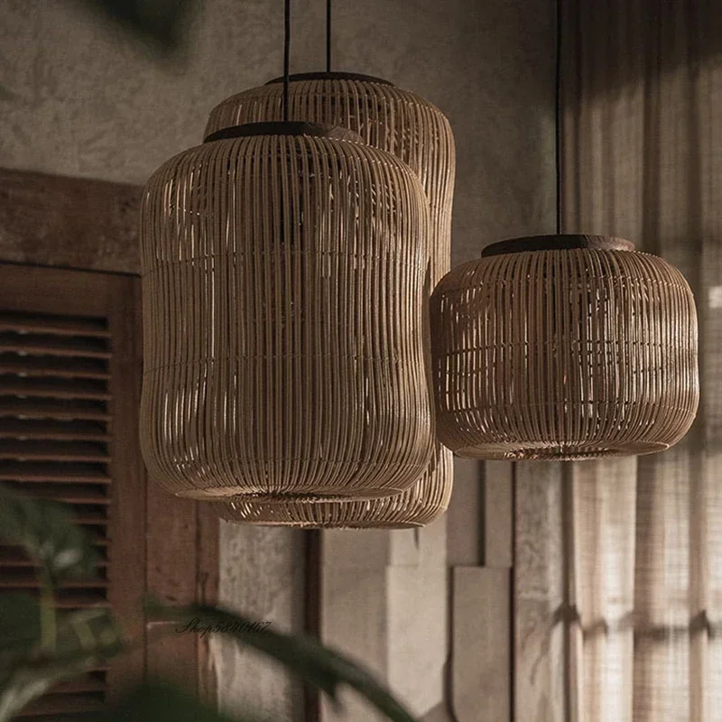 

Vintage handmade woven rattan pendant light Japanese Wabi sabi lamp homestay island living room dining room home decoration