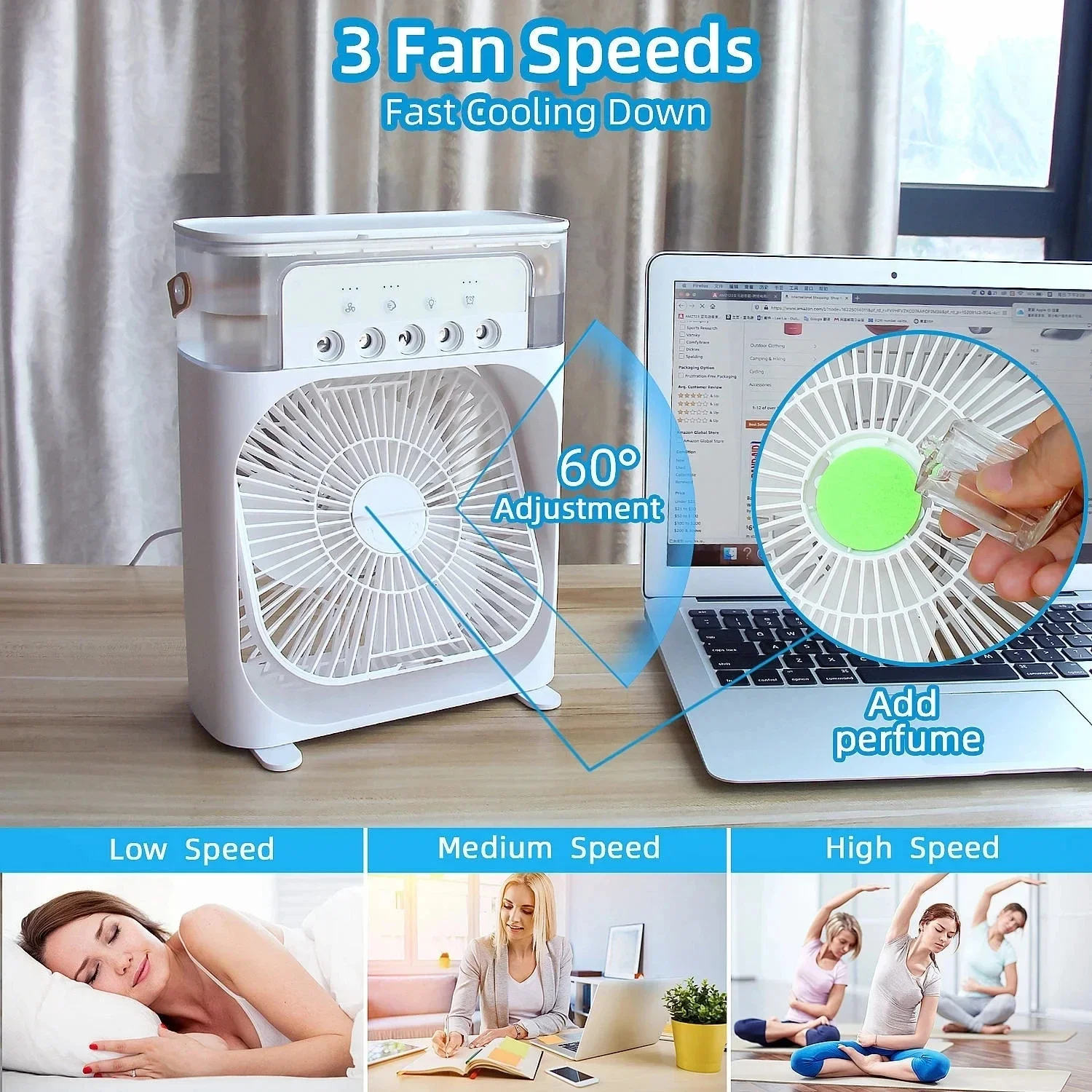 Ventilador elétrico portátil, Ar condicionado, USB LED Night Light, Water Mist Fun Umidificador, Mini Desktop Cooling Fan para c