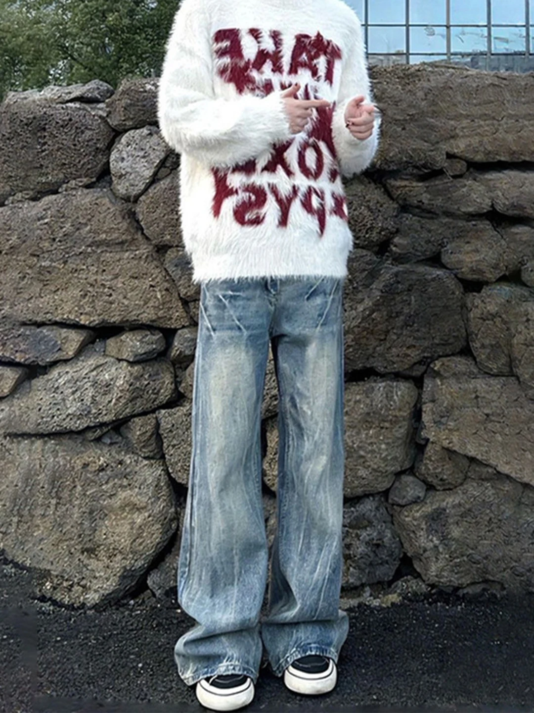 

Light Blue Lightning Pattern Flared Jeans Men's Winter High Street Fce Lined Lift Pouch Straight Leg Micro Flared Pants