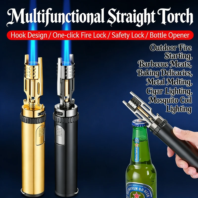 

Уличная мощная газовая горелка с синим пламенем – металлическая ветрозащитная зажигалка с защитным замком, крючком и открывалкой для бутылок, для барбекю и кемпинга