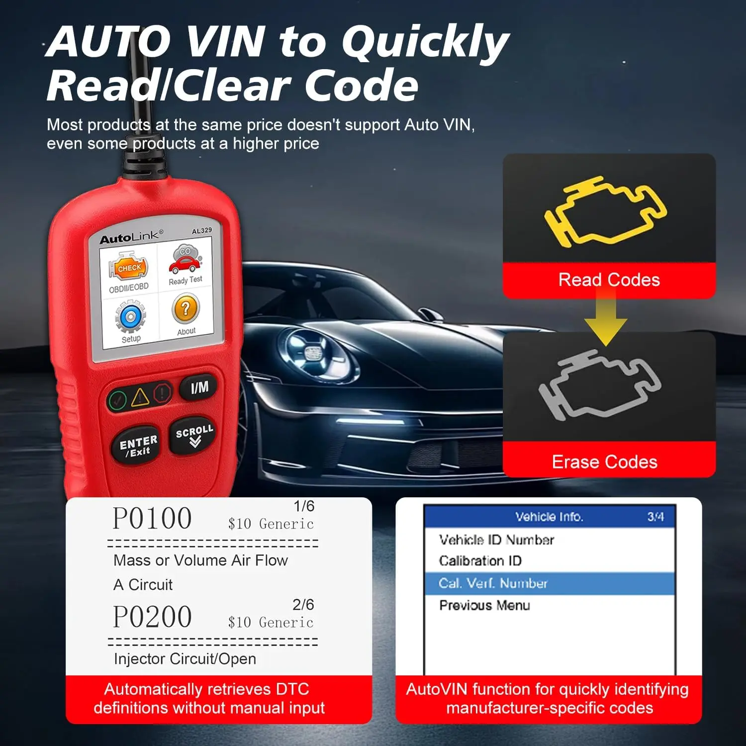 OBD2 Scanner AL329, Auto VIN, Check Engine Light Code Reader, MIL Reset, One-Click I/M Readiness, CAN Diagnostic Tool for OBD II