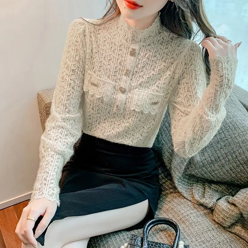 Women\'s Clothing Lace Half High Collar Blouse Stylish Hollow Out Autumn Winter Long Sleeve All-match Chic Letter Beading Shirt