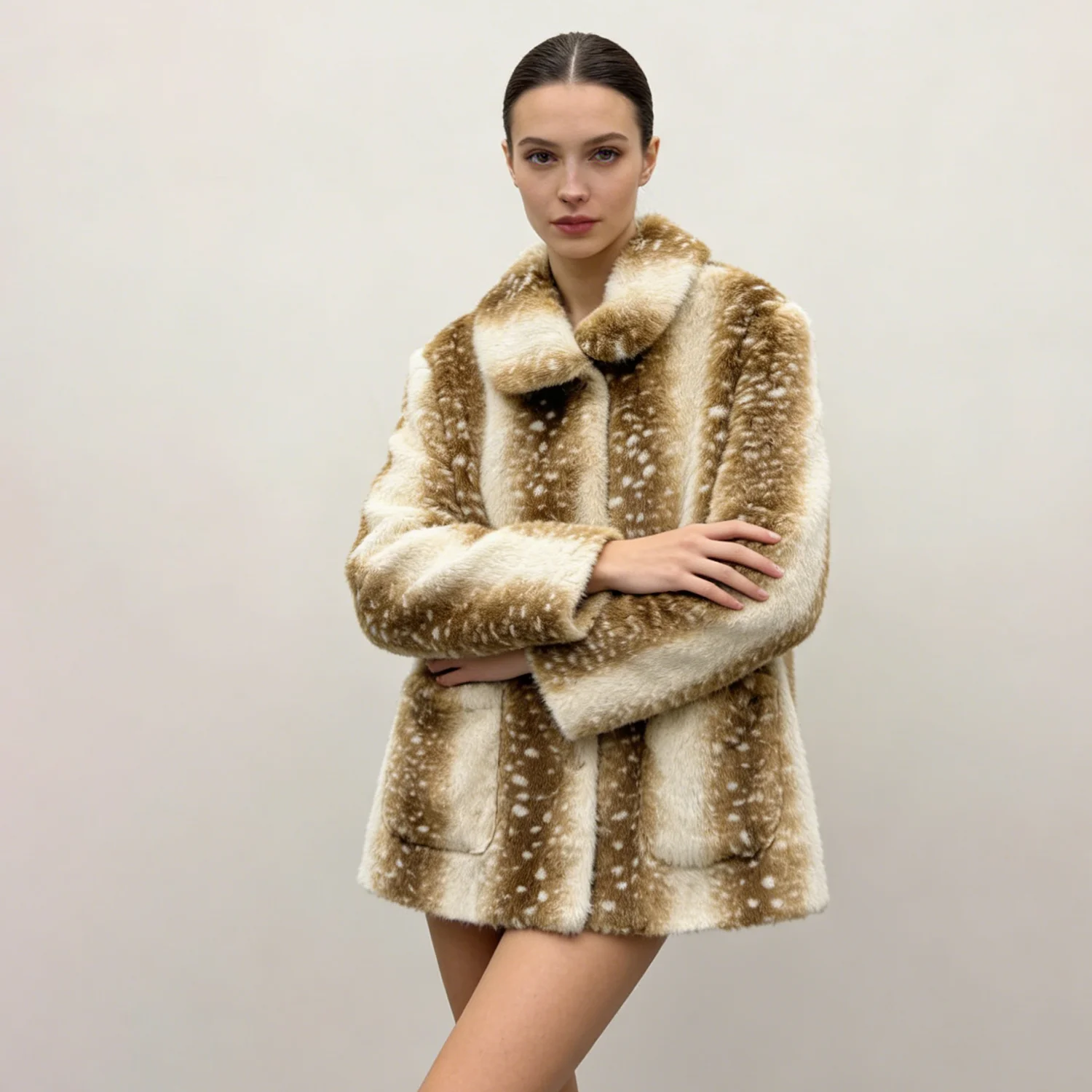 Women Faux Fur Coat Notched Collar Striped Polka Dot Pattern Pocket Fashion Warm Casual Winter Outerwear Brown White Gray Black