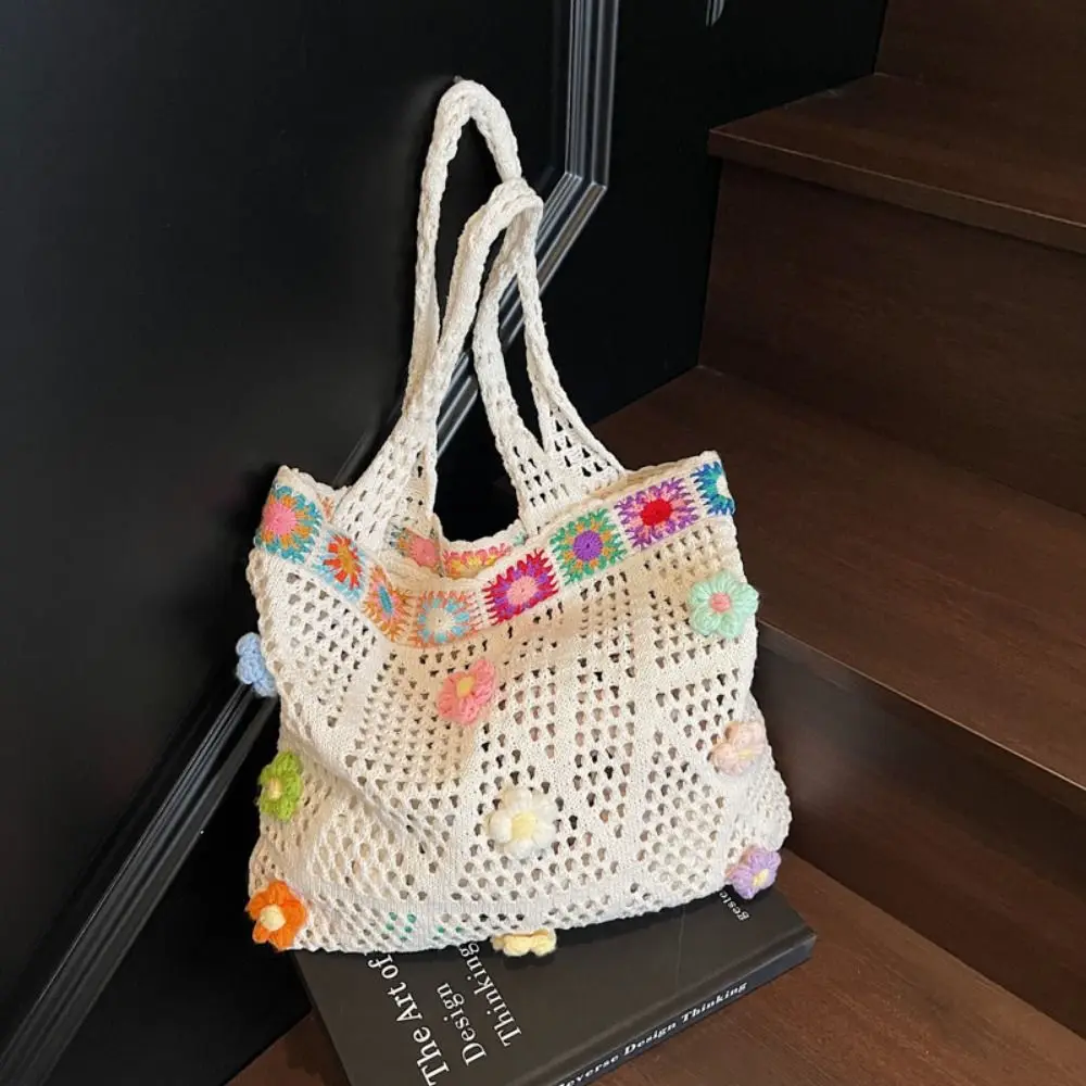

Hollow Out Crochet Flower Tote Bag Floral Trim Large Capacity Woven Shoulder Bag Portable Handmade Women's Knitted Handbag