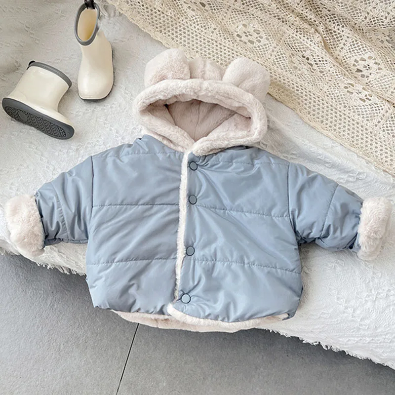 Winter Children\'S Warm Coat Plus Velvet Down Cotton Jacket Small And Medium  Baby Hooded Jacket Boys Girls Plus Thick Sweater