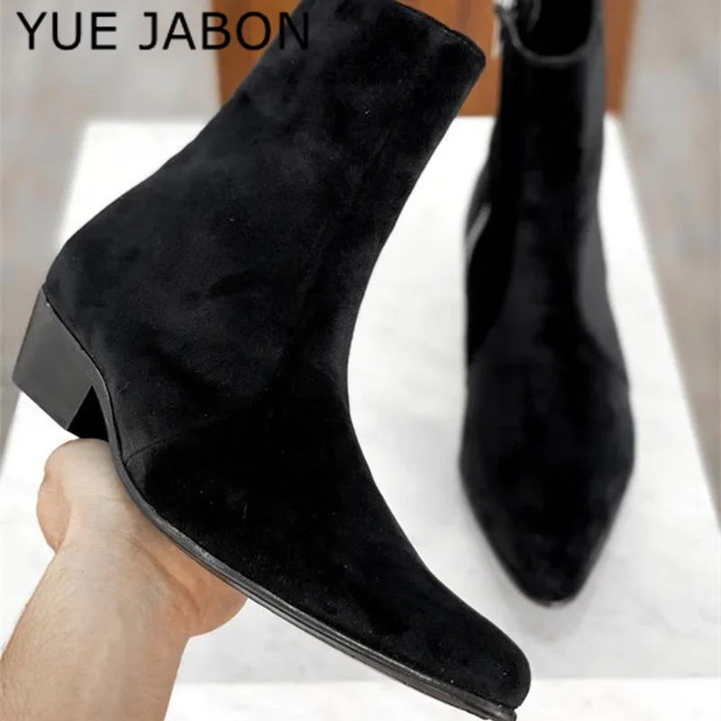 

Black Men Chelsea Boots Handmade High-quality Cow Suede Pointed Toe Mid-heel Basic Shoes Business Zip Men Ankle Martin Boots