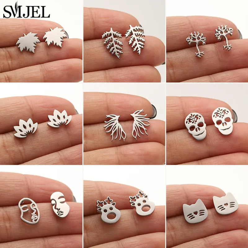 SMJEL Multiple Stainless Steel Stud Earrings for Women Minimalist Skull Deer Leaf Neuron Earings Fashion Jewelry Piercing Gifts