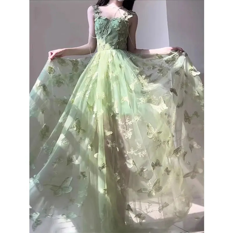 Sukienki damskie na wesele, bal, urodziny, nowa kolekcja wiosna-lato 2025, streetwear, zielona, długa, luksusowa, wieczorowa, haft motyl, sukienki balowe.