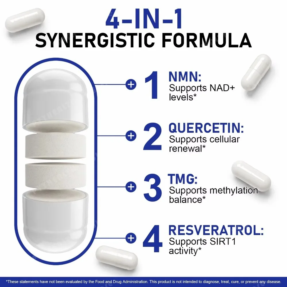 NMN Capsules 500mg Nicotinamide Mononucleotide NAD+ Cellular Energy TMG Quercetin Resveratrol Vegan Non GMO 120 Capsules