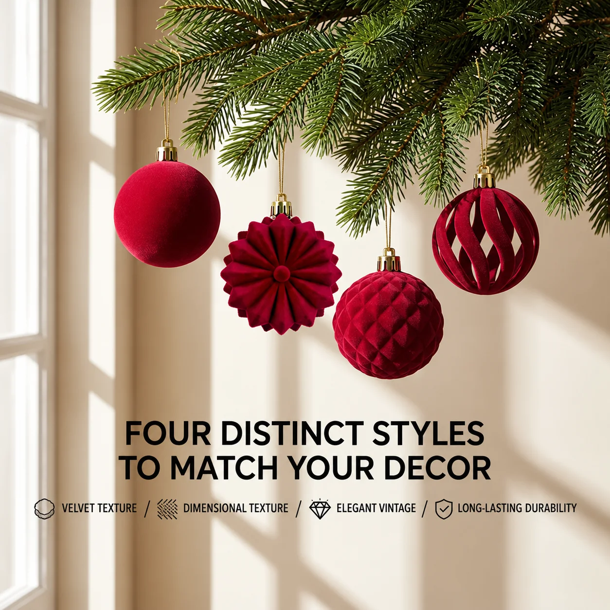 Plastic Christmas Ornaments Openwork Velvet Christmas Tree Decorations Hanging Christmas Balls Flocked For Holiday Party Window