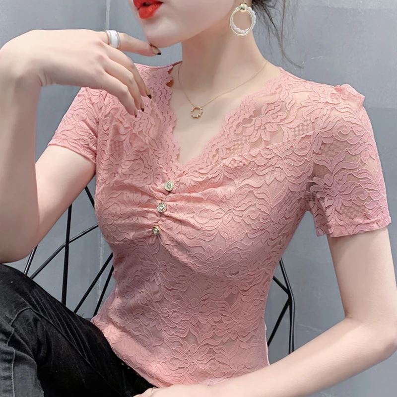 Black Summer Korean Style Lace Thin T-Shirt Women Chic Sexy Perspective V-Neck Button Tops Short Sleeve Slim Tees 2024 New 4428