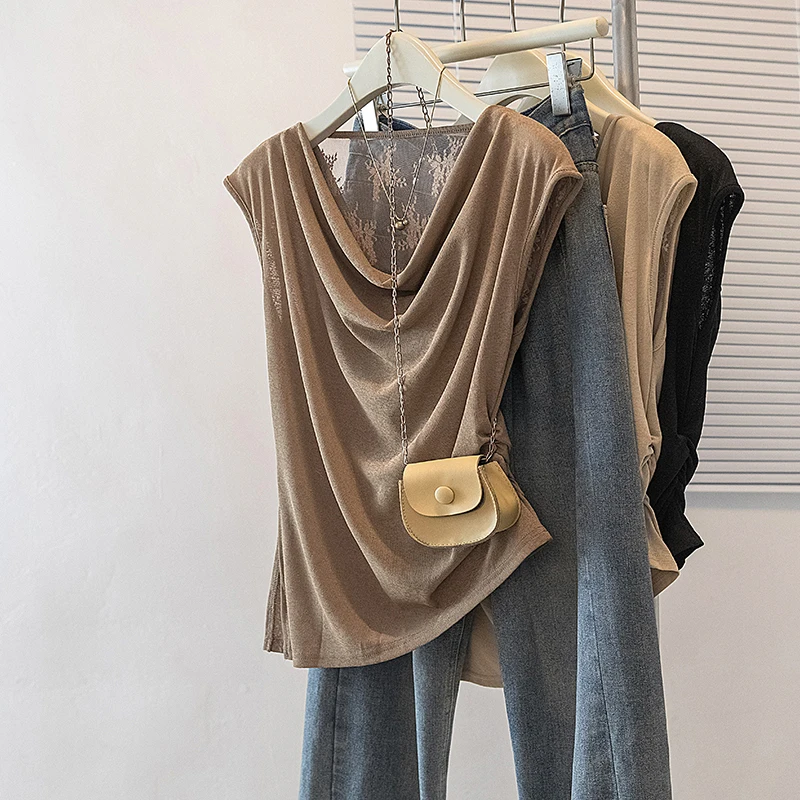 Summer New Style Women's Knitted Vest Sleeveless Side Gathered Drapey Top Casual H-Shape Breathable Cotton Linen Blend