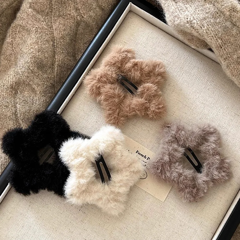 4pcs/Lot Plush Faux Fur Star BB Hair Clips Hairpins Girls Y2K Cute Barrettes Women Simple Metal Snap Clips Hair Accessories