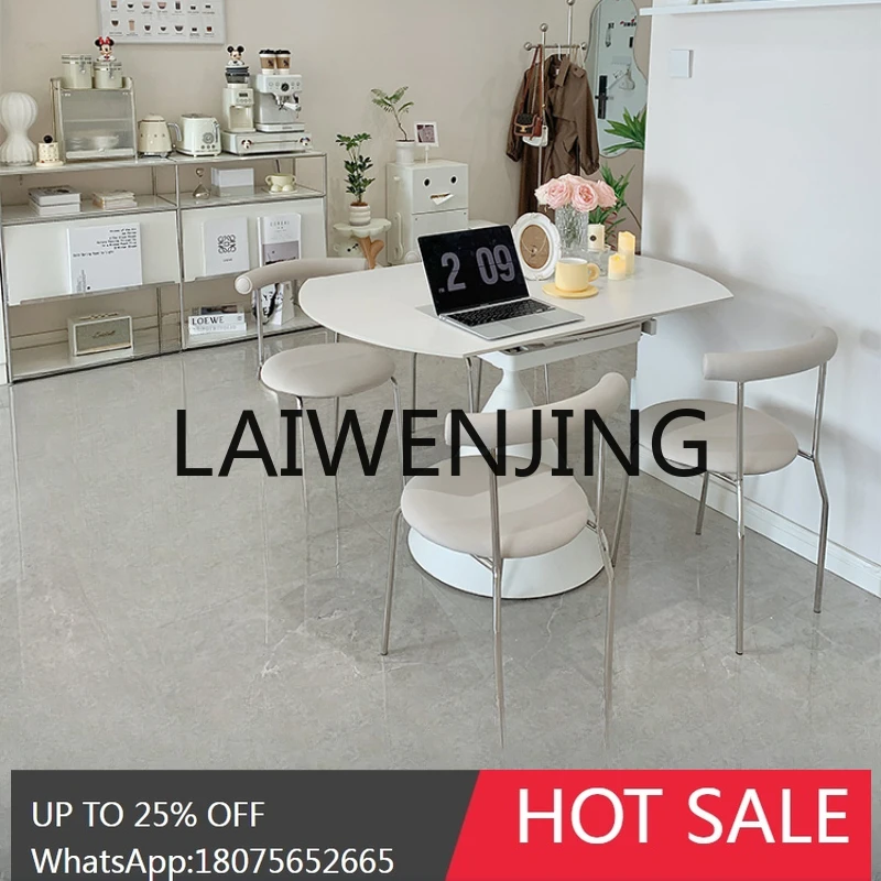 

RWJ Cream Style Pure White Matte Stone Plate Dining Table Square round Dual-Use Table