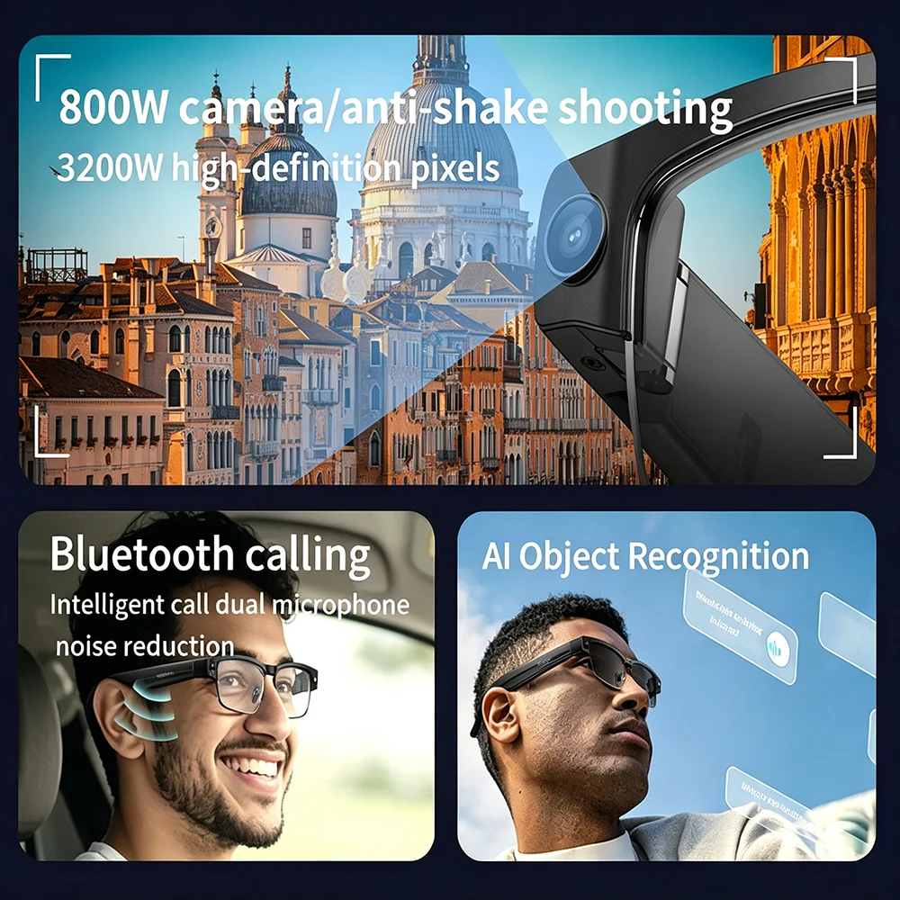 AI Smart Glasses 8MP Camera Video Recording Translation Bluetooth Call Music Play Voice Assistant 100+ Languages Sunglasses