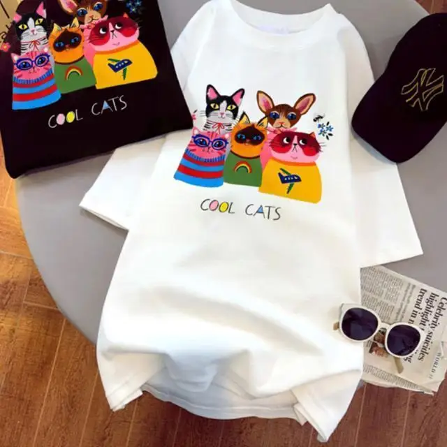 Camiseta holgada de algodón 2022 para mujer, camisa con diseño de gatito Sense Niche, novedad de verano 100%