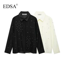 EDSA Women Embroidered Shirt with Jewels Long Sleeves Cuffs Button-Up Turn-down Collar Top for Office Lady Blouse