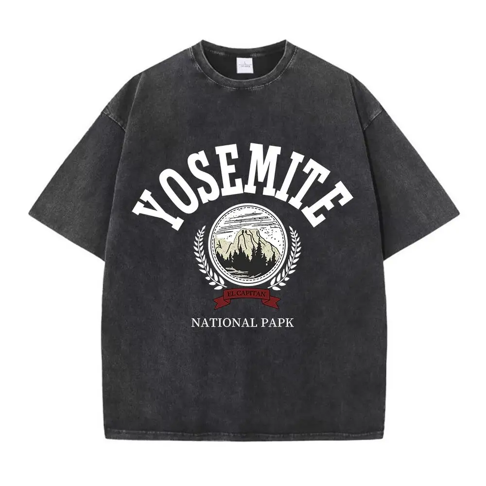 Womans Cotton Washed T-Shirts Fashion Design Yosemite National Papk Prints Short Sleeve Distressed O-Neck Loose Street Clothes