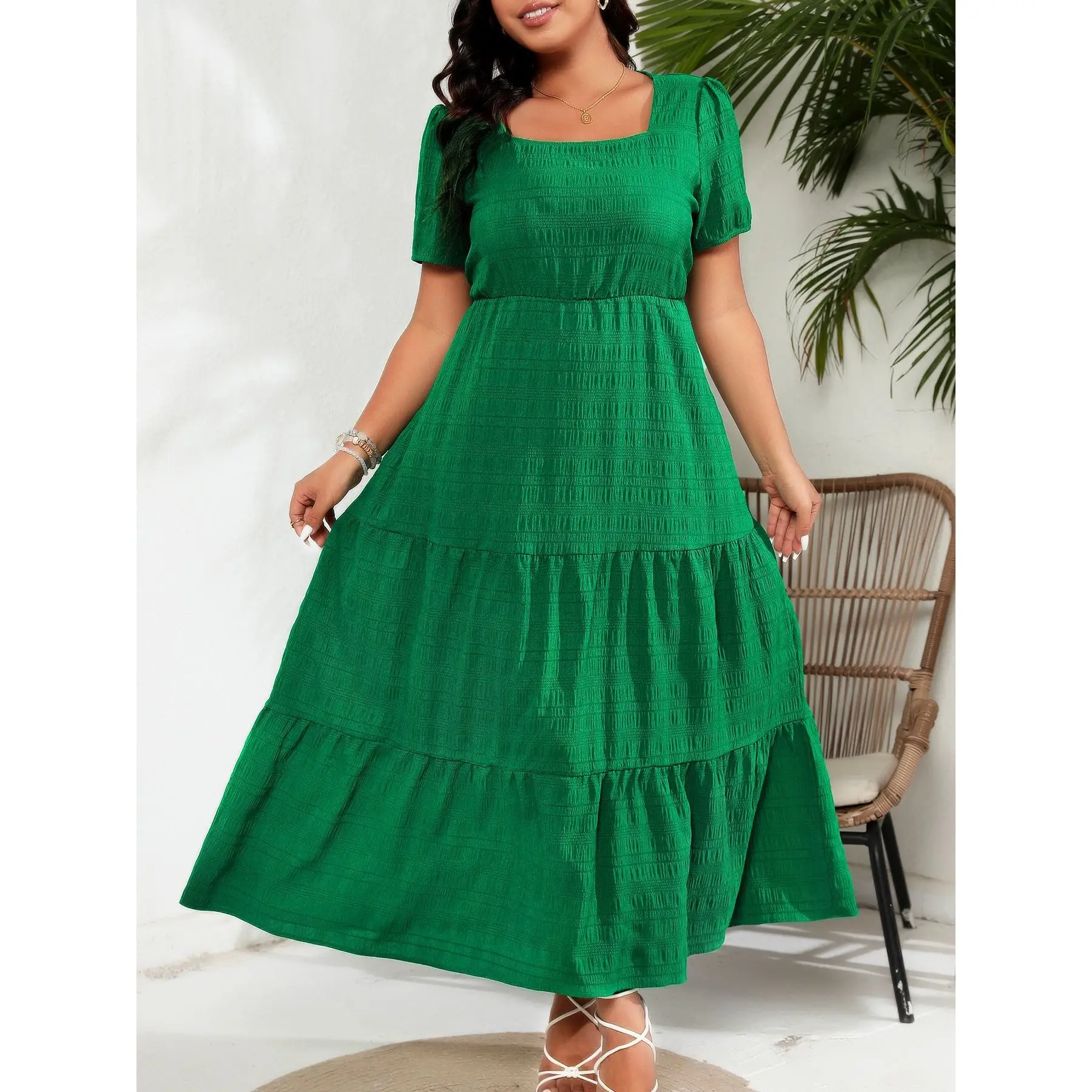 Ele plus Size Dres with kets ort Sve Square Collar Ba Gathered Women's Faion Cross-Border Gown