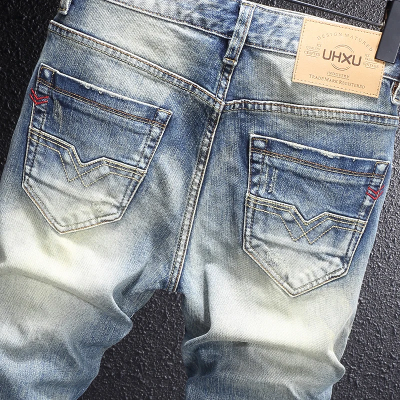 Moda vintage calças de brim dos homens alta qualidade retro azul estiramento fino ajuste rasgado jeans masculino estilo italiano designer denim calças hombre