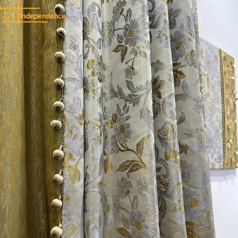 Customized Flower Relief Jacquard Champagne Gold Mosaic Thickened Curtains for Living Room Bedroom French Window Balcony