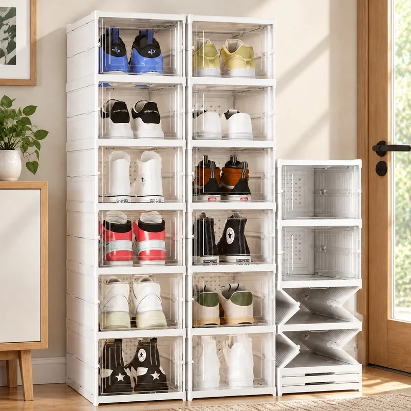 Clear 3-Layer Stackable Shoe Storage Box with Dust Protection and Foldable Build for Sneakers