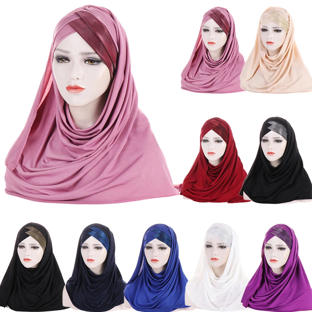 

Glitter Instant Hijab Scarf Cross Caps Bonnet Muslim One Piece Arab Women Ready to Wear Turban Veil Shawls Headdress Scarves Hat