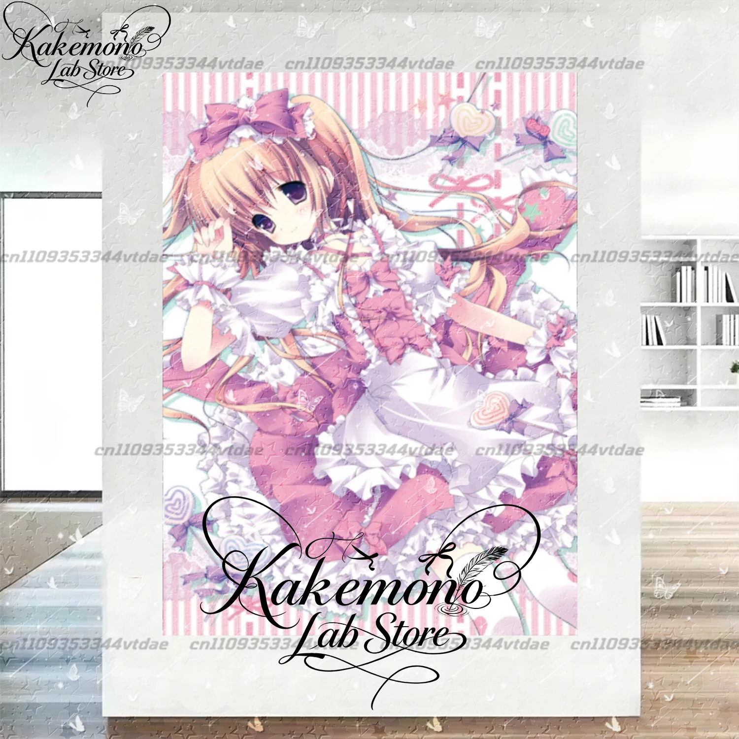 Vertical Anime Wall Tapestry Blonde Twin Tail Girl Sweet Pink Lolita Big Bow Heart Lollipop Striped Print Wall Hanging