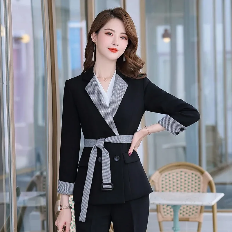 

Insozkdg Autumn Vintage Casual Long Sleeve Lace Up Suit Coat Wide Leg Pants Set Commuter Contrast Color Suit Pants Two Piece Set