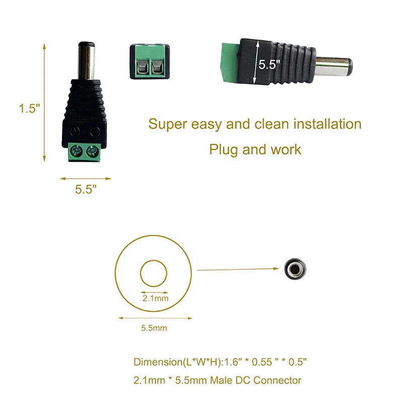 1Pair Female And Male DC Connectors 5.5x2.1MM Power Plug Adapter Jacks Sockets Connector For Single Color LED Strip CCTV Camera