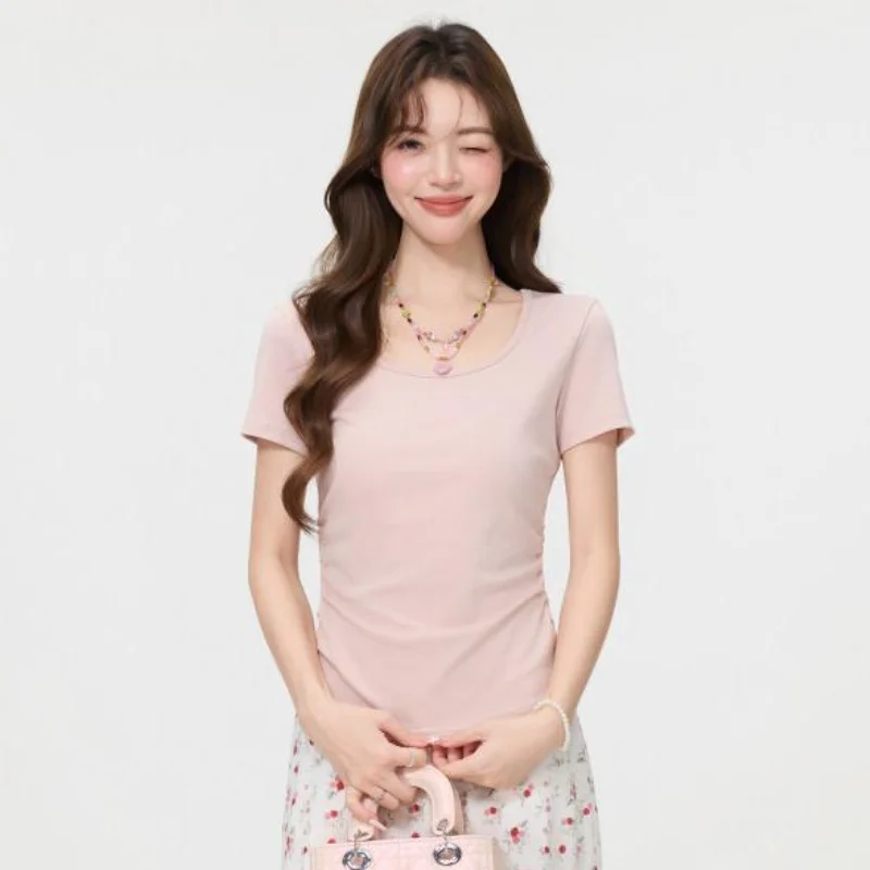 

Модная и элегантная женская футболка с коротким рукавом U-образного кроя, приталенная, весна-лето 2026, новая универсальная модель с открытыми плечами