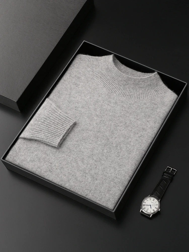 Men's Autumn Winter Mock Neck Basic Pullover 100% Cashmere Sweater Solid Color Simple Knitwear Soft Cashmere Clothing New Tops