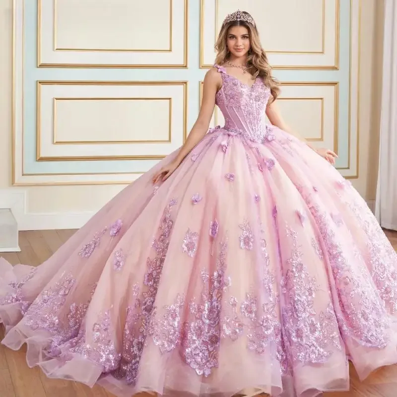 فستان Quinceanera مزين بالزهور الزرقاء اللامعة حسب الطلب مزين بالخرز مشد حلو 16 فيستدو دي 15 أنوس