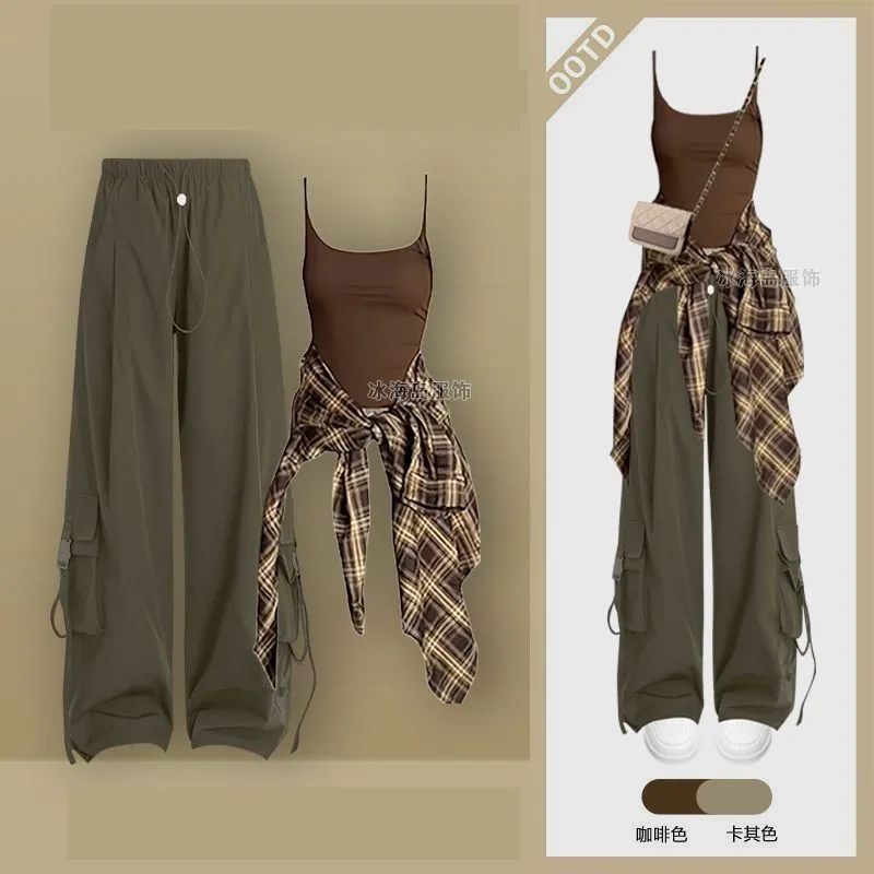 2024 Autumn New Vintage Plaid Shirt+vest+loose Cargo Pants 3-piece Suit Women\'s Casual Cardigan Trousers Tracksuit Matching Set