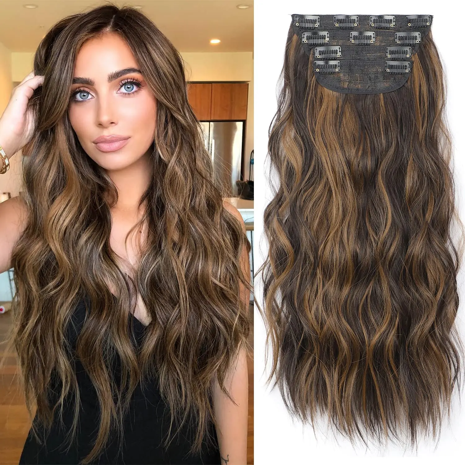 Extensions Long Synthetic Clip In Hair Wavy Clip In Hair Extensions 6Pcs/Set Piece Synthetic Ombre Blonde Brown Thick Hairpieces