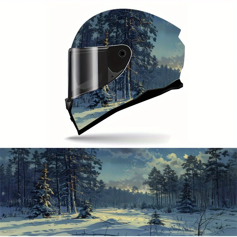 

Helmet painted with silver snow forest and bright moon star theme pattern, vinyl motorcycle helmet graphic film, heat insulation