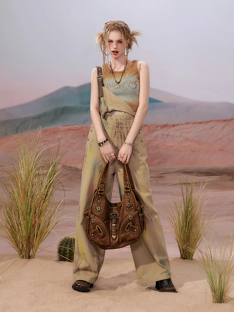 SEENFAAN 아메리칸 레트로 워크웨어 데님 오버롤 여성용 여름 신상 프린트 스트랩 팬츠 스트리트 스타일 미드 웨이스트 롱 레그