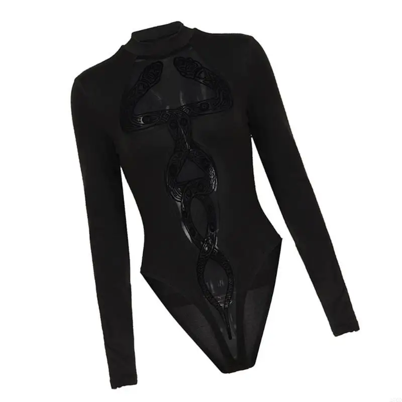 

270D Snake Pattern Long Sleeve Bodysuit Party Outfit With Sheer Mesh Accents Fit