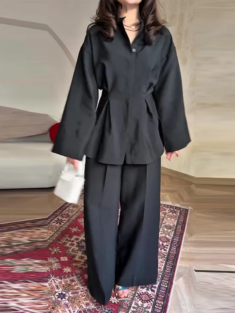 Casual  Solid Pants Suits Women Loose Waist-closed Pleated Long Sleeve Shirts Trousers Sets 2025 Summer Fashion Office Lady Suit