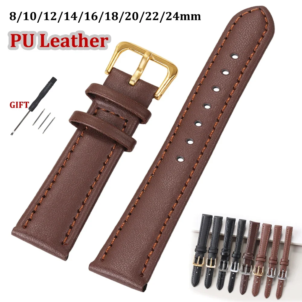 PU Strap Watchband Black Brown 8mm 10mm 12mm 14mm 16mm 18mm 20mm 22mm 24mm Wrist Strap Gold Buckle Relogio Masculino Accessories