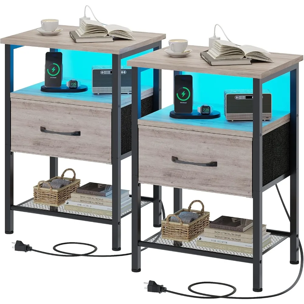 Night Stand Set 2, End Table with Charging Station, LED Bedside Table with Fabric Drawer for Bedroom, 3-Tier Side Table with Ope